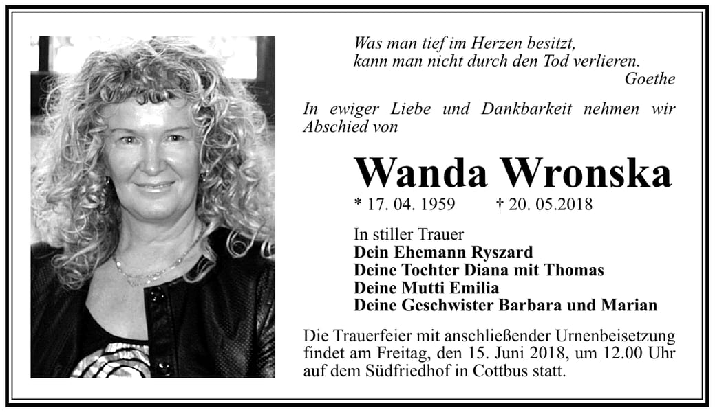 Traueranzeige Wanda Wronska