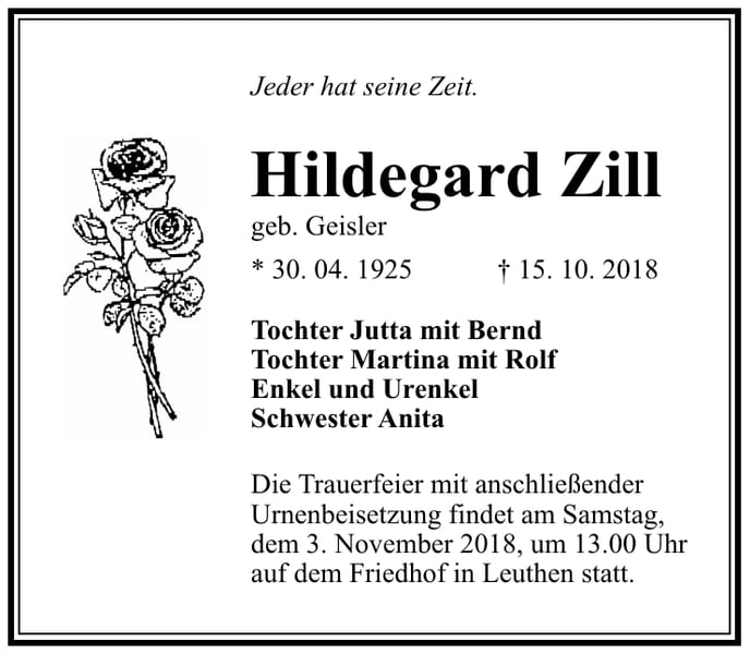 Traueranzeige Hildegard Zill, geb. Geisler
