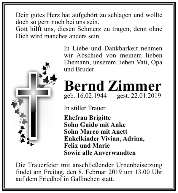 Traueranzeige Bernd Zimmer