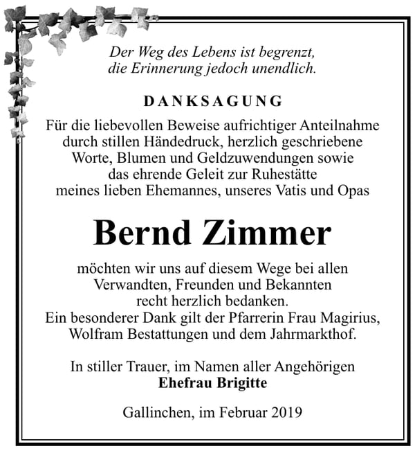Traueranzeige Bernd Zimmer