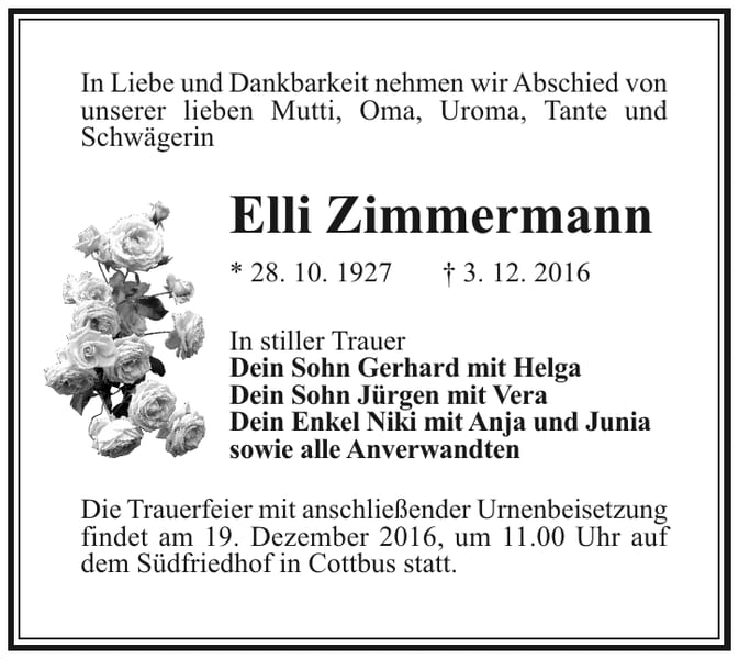 Traueranzeige Elli Zimmermann