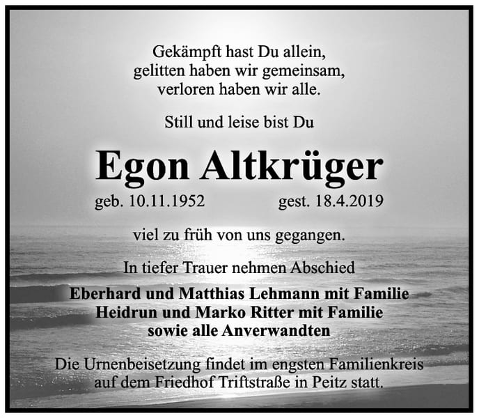 Traueranzeige Egon Altkrüger
