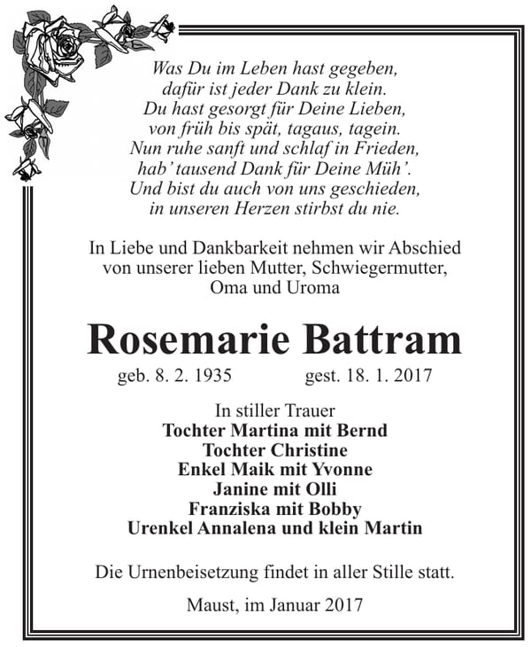 Traueranzeige Rosemarie Battram