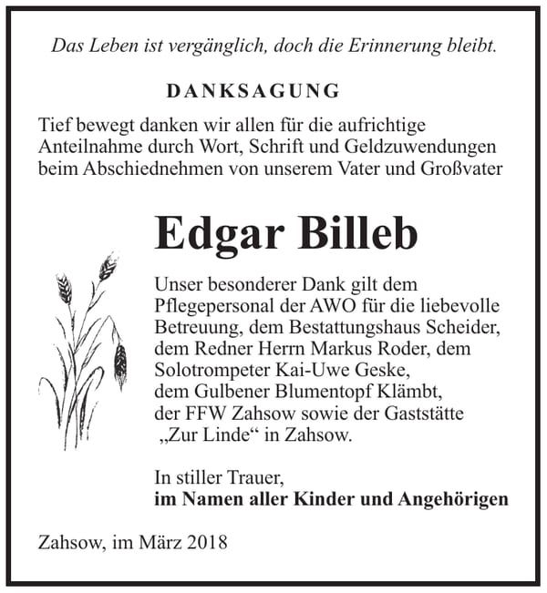Danksagung Edgar Billeb