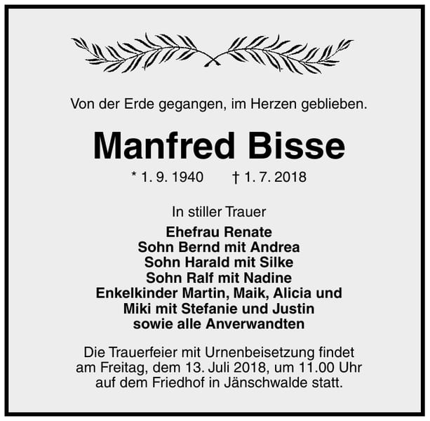 Traueranzeige Manfred Bisse