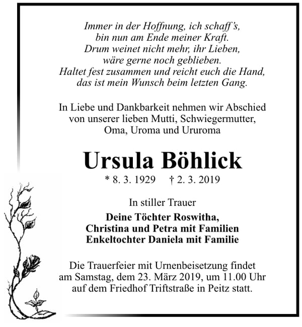 Traueranzeige Ursula Böhlick