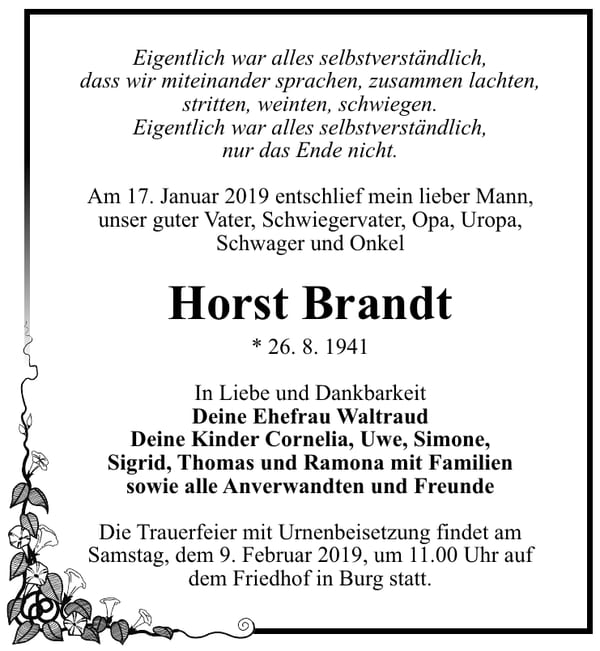 Traueranzeige Horst Brandt