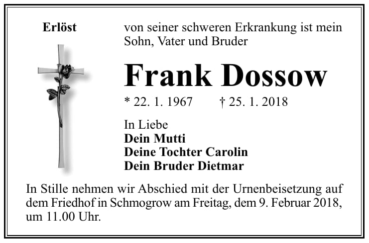Traueranzeige Frank Dossow