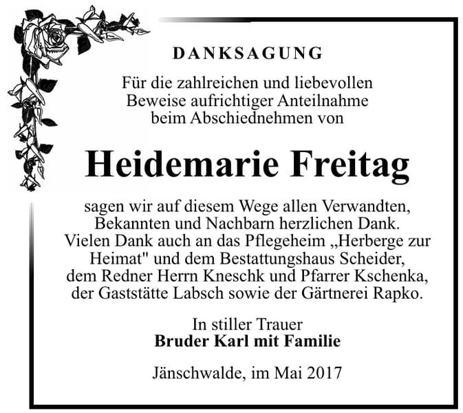 Danksagung Heidemarie Freitag