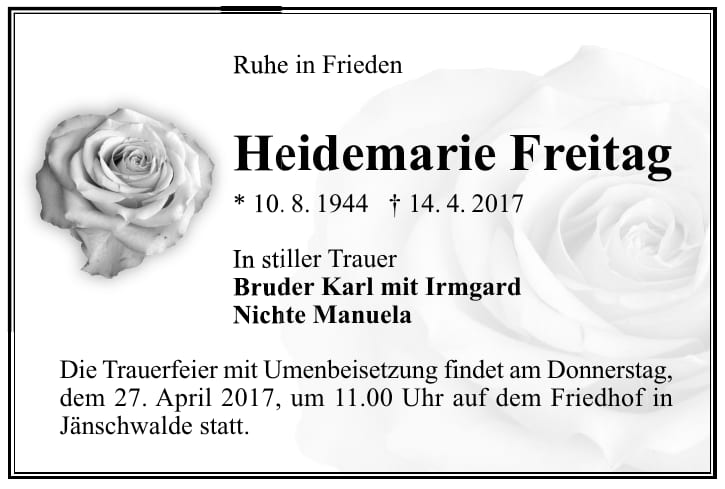 Traueranzeige Heidemarie Freitag