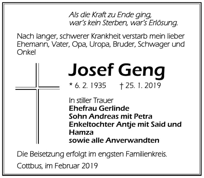 Traueranzeige Josef Geng