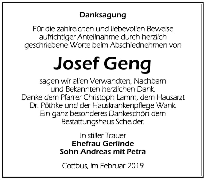 Traueranzeige Josef Geng