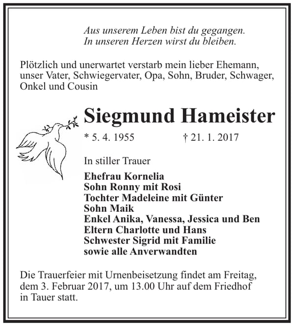 Traueranzeige Siegmund Hameister