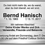 Traueranzeige Bernd Hanisch
