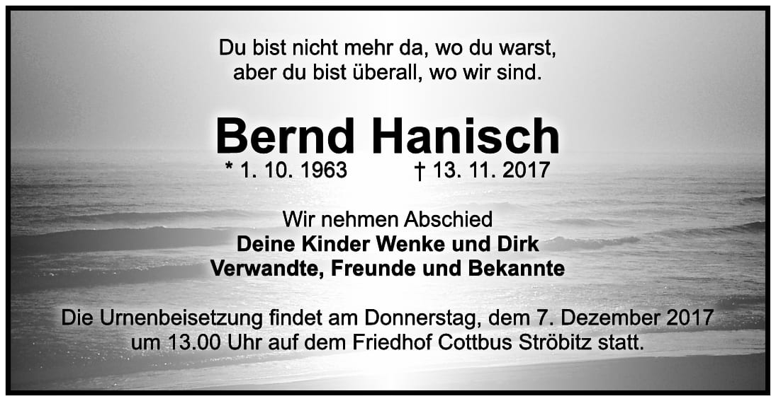 Traueranzeige Bernd Hanisch