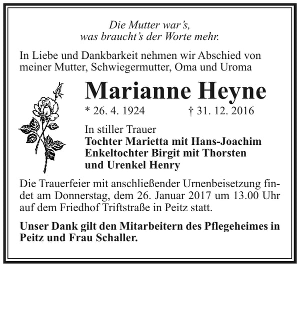 Traueranzeige Marianne Heyne