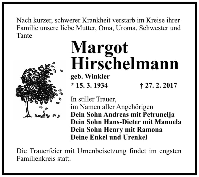 Traueranzeige Margot Hirschelmann, geb. Winkler