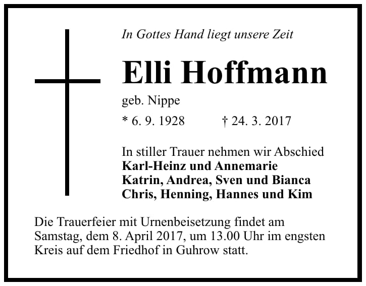 Traueranzeige Elli Hoffmann, geb. Nippe