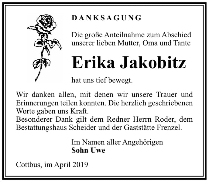 Traueranzeige Erika Jakobitz