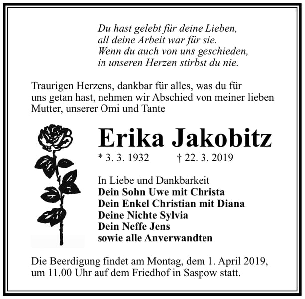 Traueranzeige Erika Jakobitz