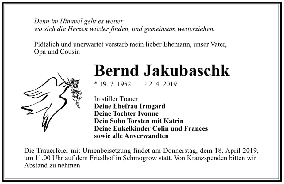 Traueranzeige Bernd Jakubaschk