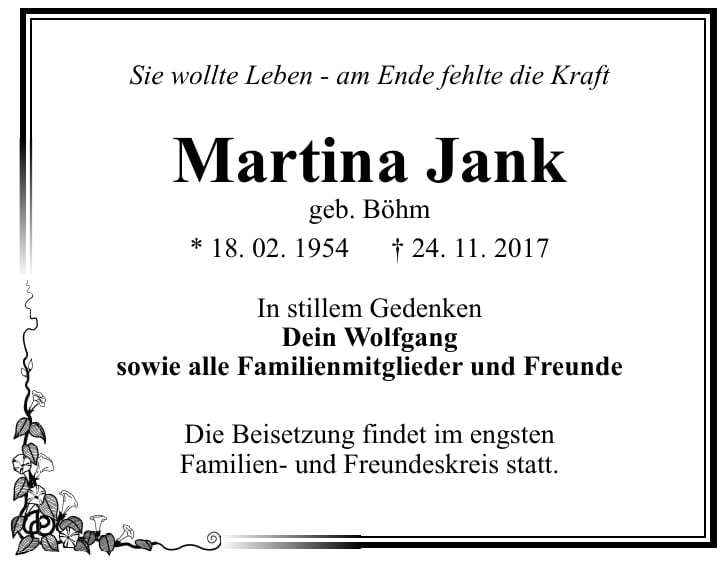 Traueranzeige Martina Jank, geb. Böhm