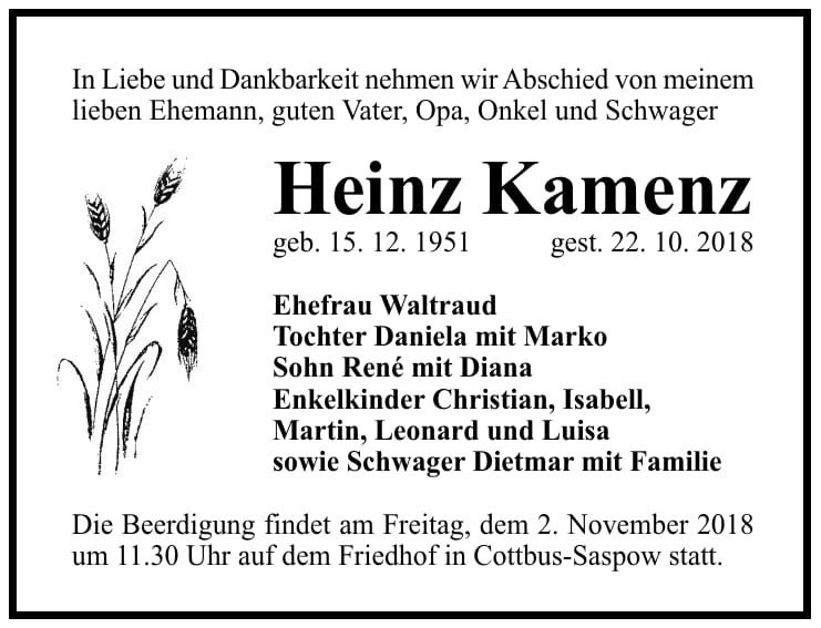Traueranzeige Heinz Kamenz