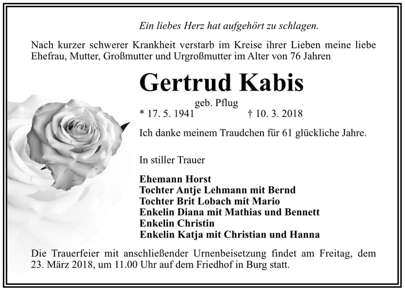 Traueranzeige Gertrud Kabis geb. Pflug