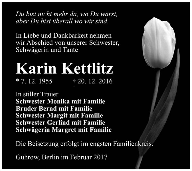 Traueranzeige Karin Kettlitz