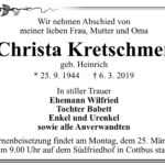 Traueranzeige Christa Kretschmer, geb. Heinrich