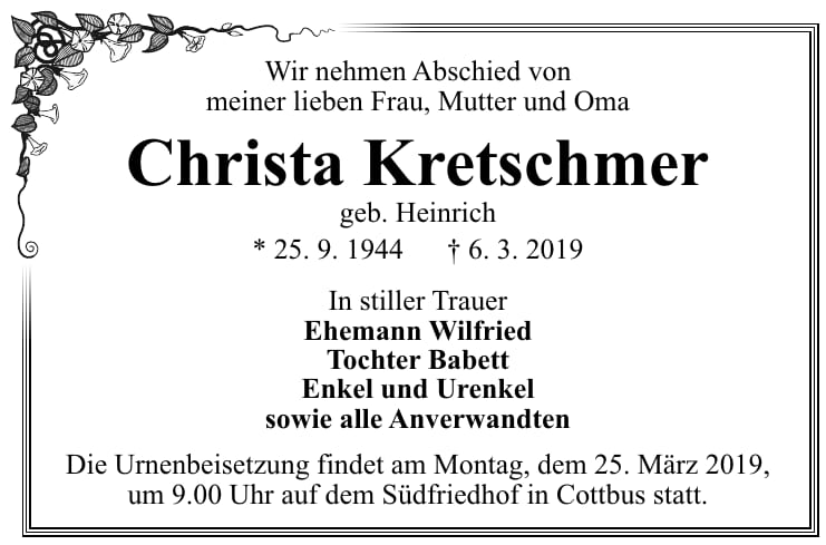 Traueranzeige Christa Kretschmer, geb. Heinrich