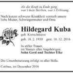 Traueranzeige Hildegard Kuba, geb. Kretschmann