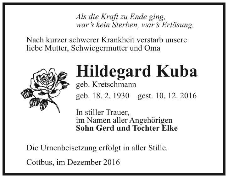 Traueranzeige Hildegard Kuba, geb. Kretschmann