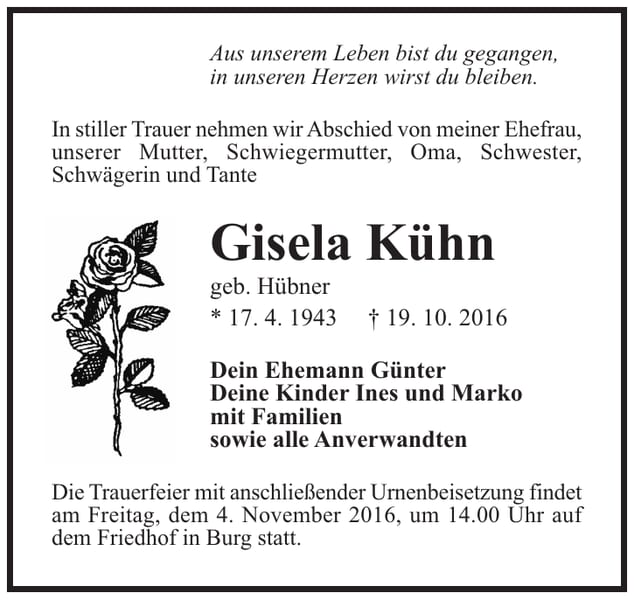 Traueranzeige Gisela Kühn, geb. Hübner