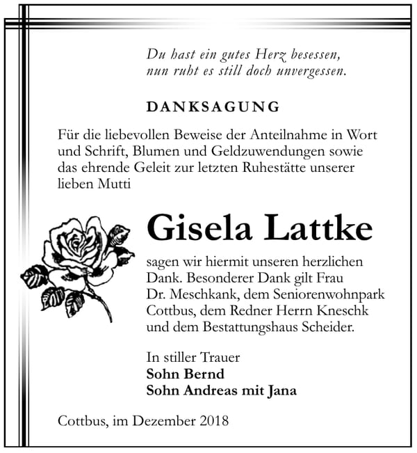 Danksagung Gisela Lattke