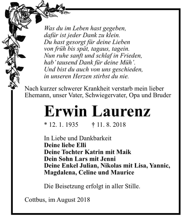 Traueranzeige Erwin Laurenz