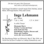 Traueranzeige Inge Lehmann, geb. Tobula