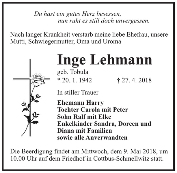 Traueranzeige Inge Lehmann, geb. Tobula