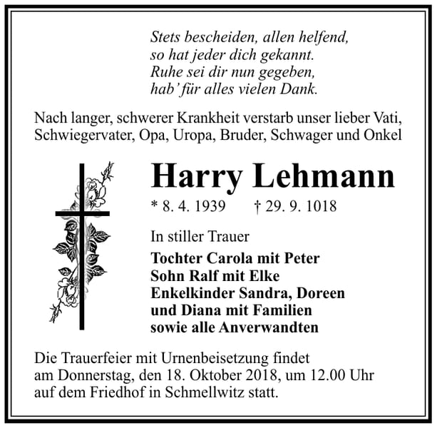 Traueranzeige Harry Lehmann
