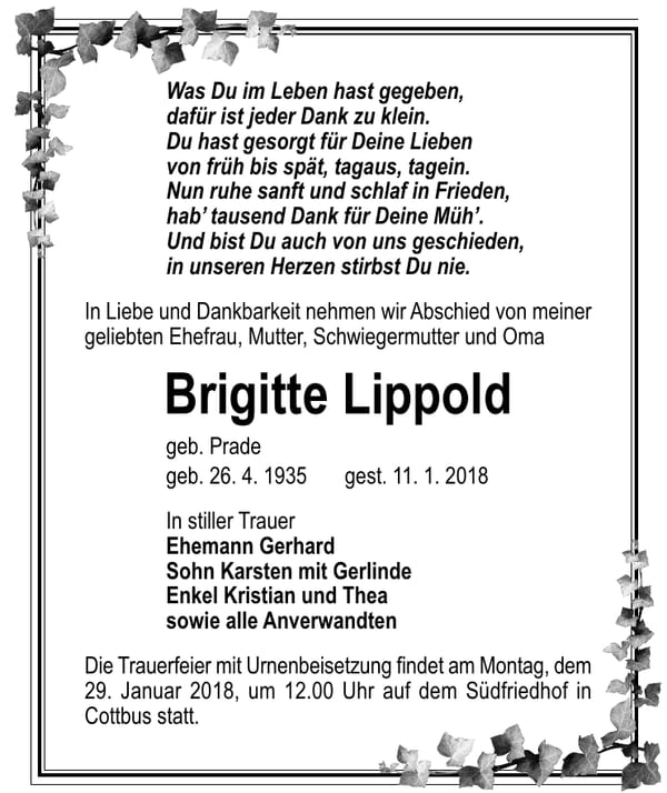 Traueranzeige Brigitte Lippold, geb. Prade