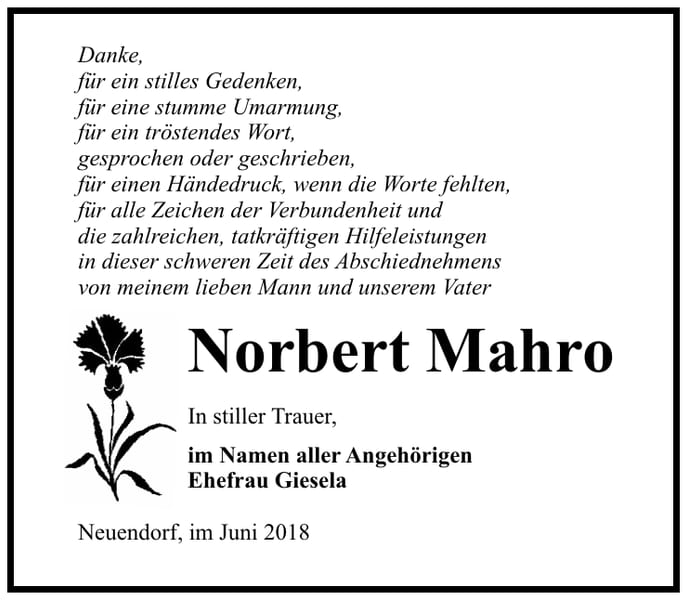 Danksagung Norbert Mahro