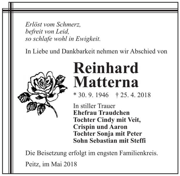 Traueranzeige Reinhard Matterna