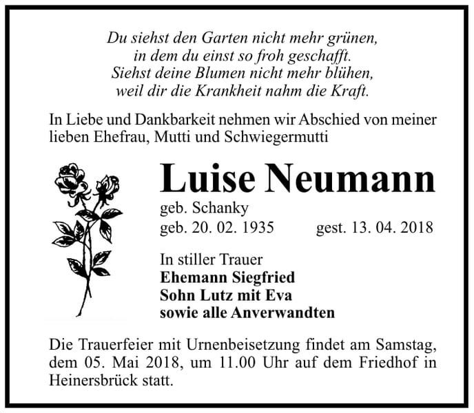 Traueranzeige Luise Neumann, geb. Schanky