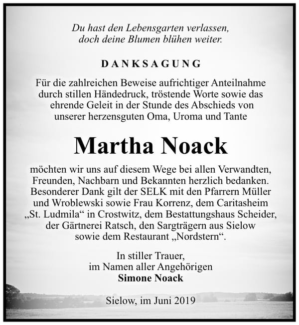 Traueranzeige Martha Noack