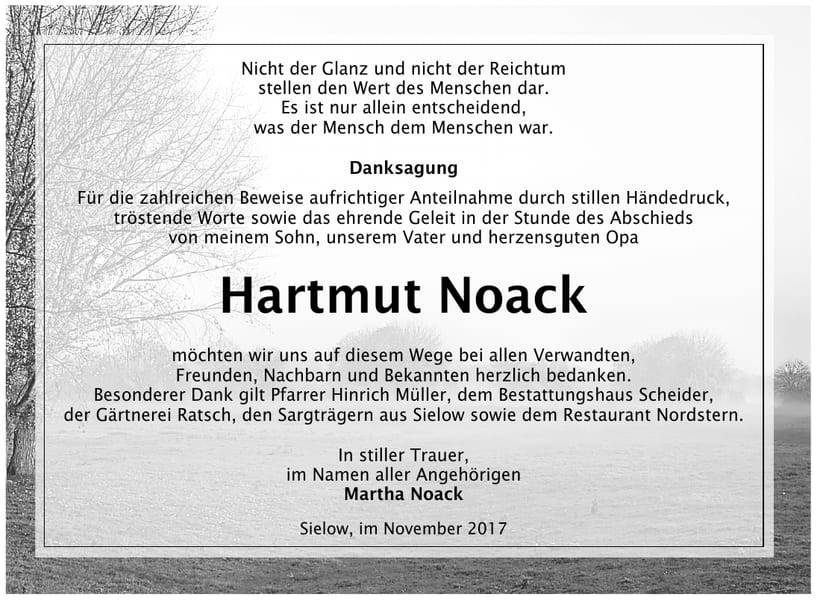 Danksagung Hartmut Noack