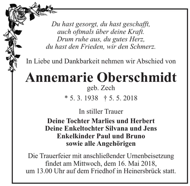 Traueranzeige Annemarie Oberschmidt, geb. Zech