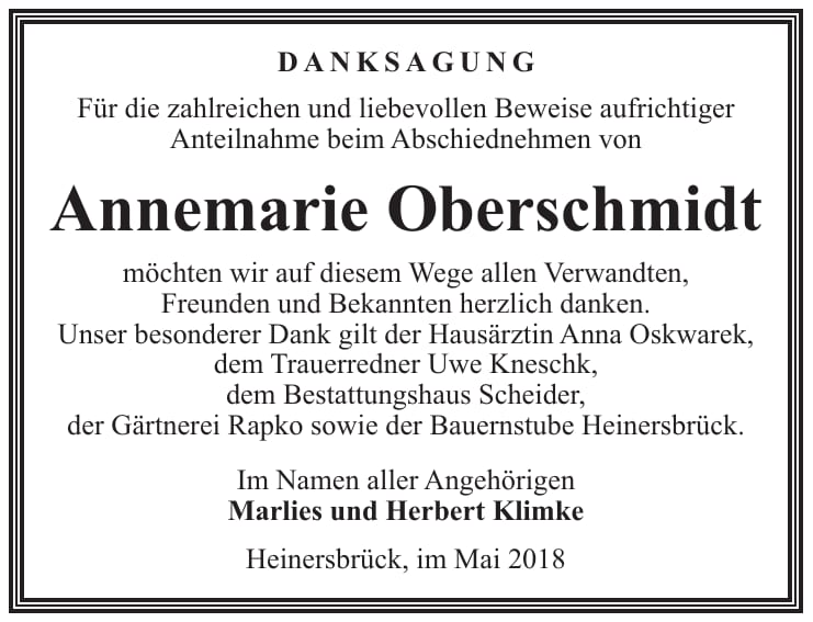 Danksagung Annemarie Oberschmidt