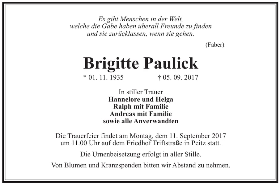 Traueranzeige Brigitte Paulick