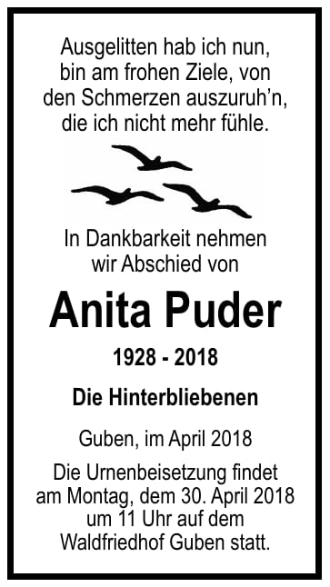 Traueranzeige Anita Puder