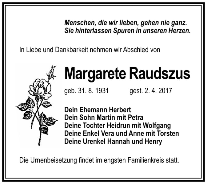Traueranzeige Margarete Raudszus
